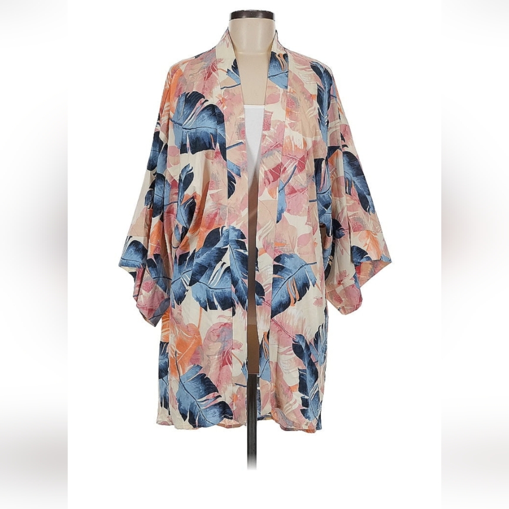 Fashion Nova Leaf Print Kimono in Blue and Pink
